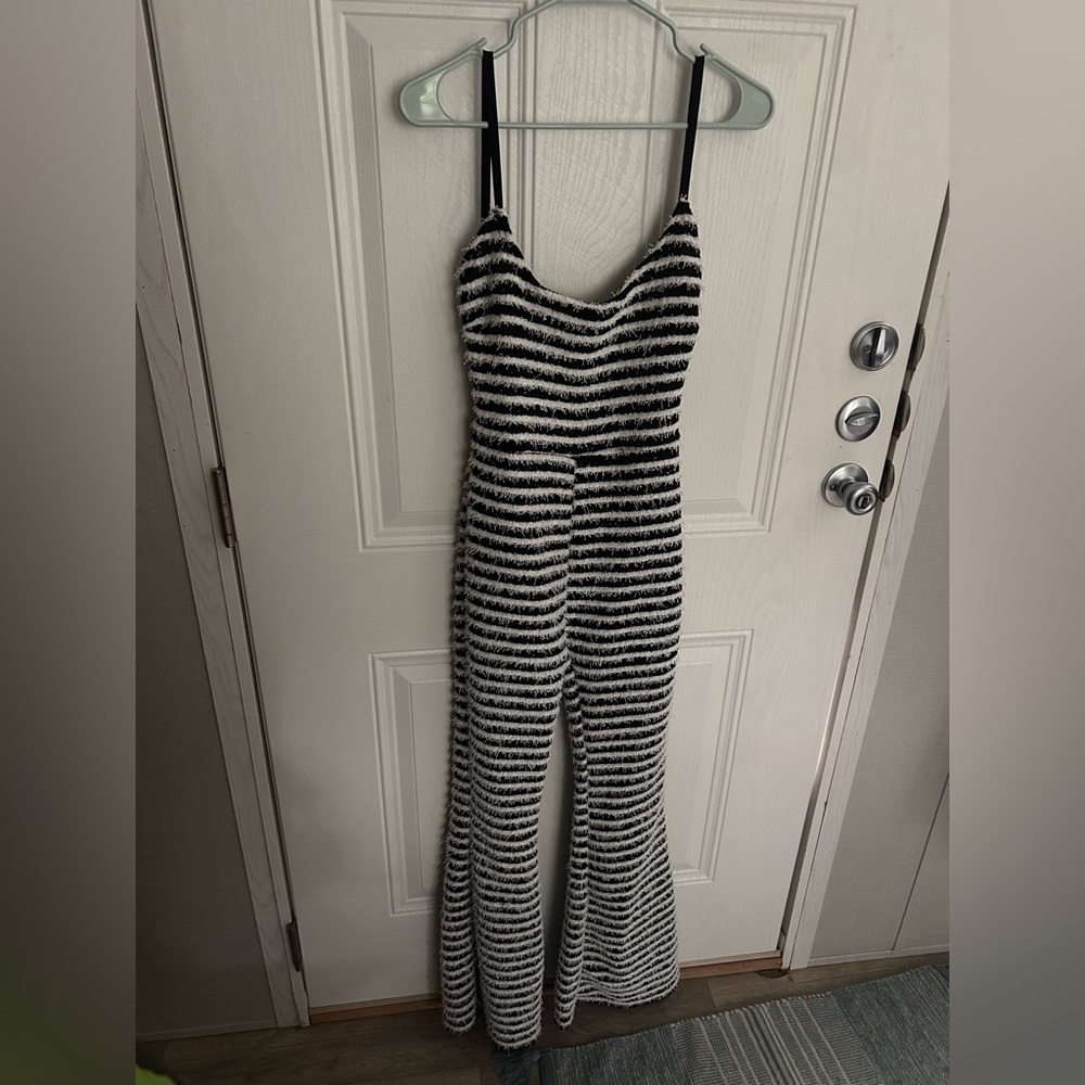 Striped Black and White backless Jumpsuit